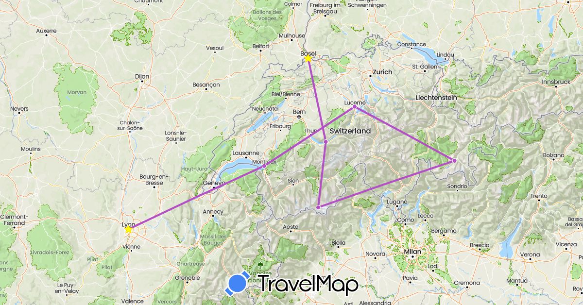 TravelMap itinerary: train in Switzerland, France (Europe)